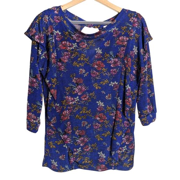 FREE PEOPLE Dock Street Ruffle Floral Blue 3/4 Sleeve Top Women Size S Bloomcore - Picture 1 of 9